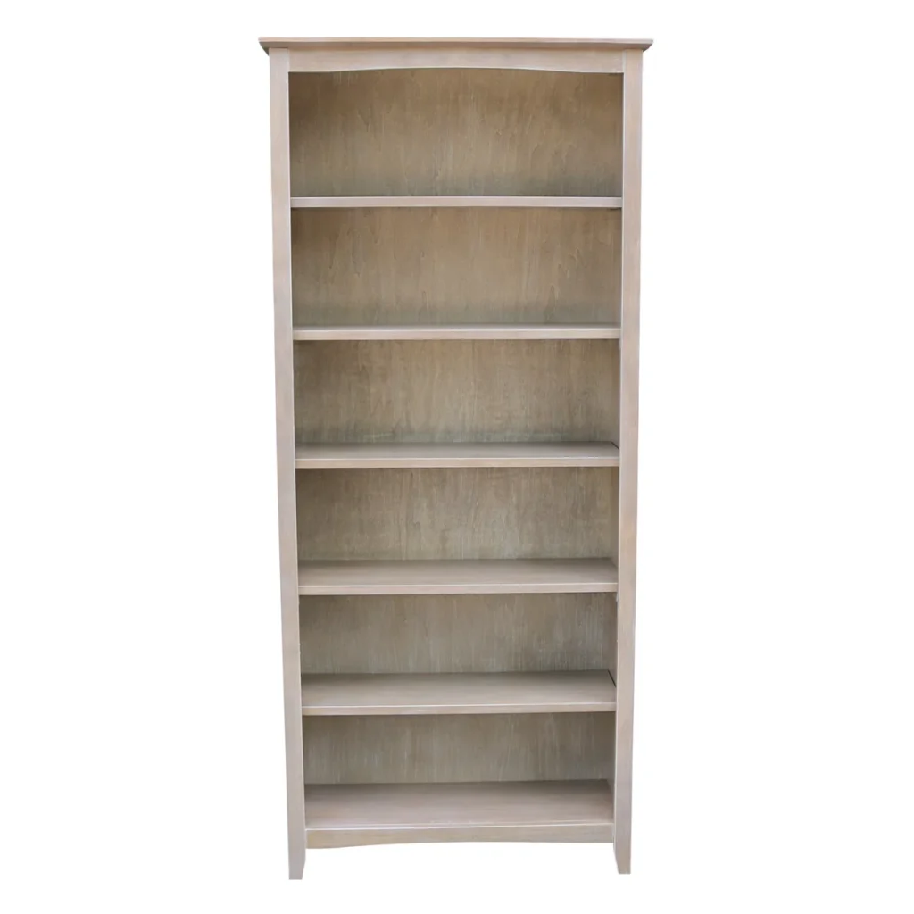 Tall narrow real wood bookcase with six shelves in light wood finish for books