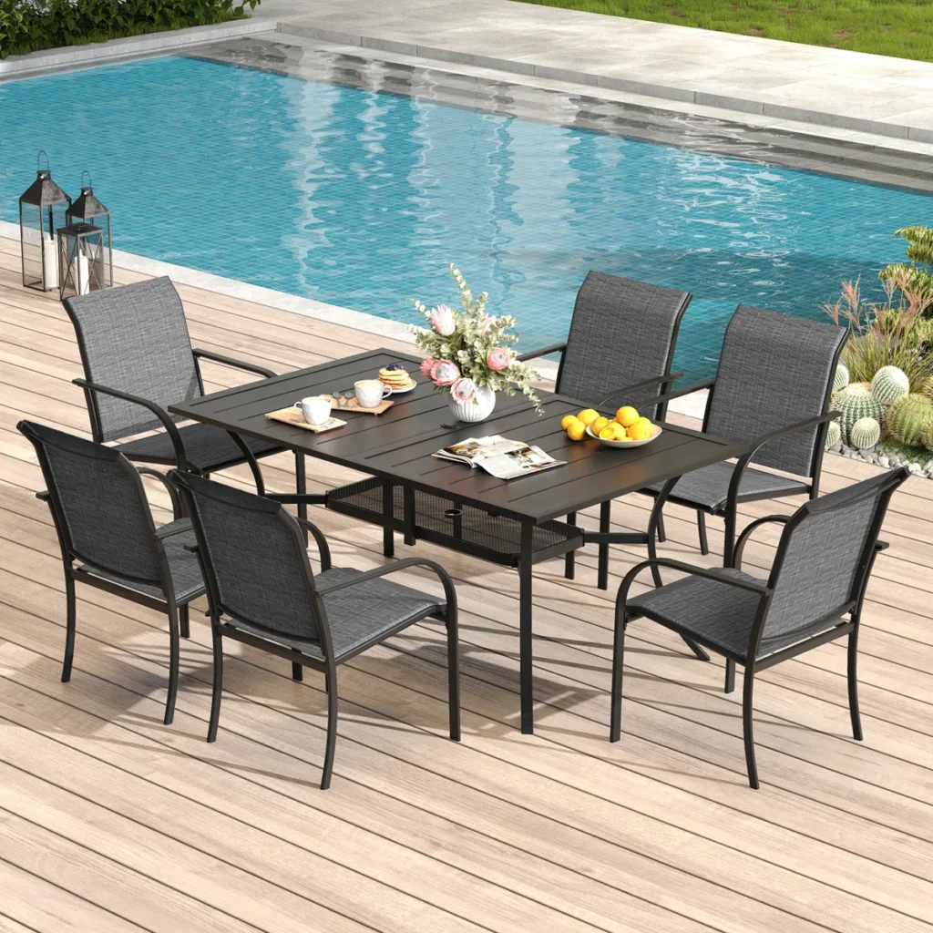 Cihangir+Rectangular+6+-+Person+60''+L+Outdoor+Patio+Dining+Set+with+6+Stackable+Textilene+Armrest+Chairs