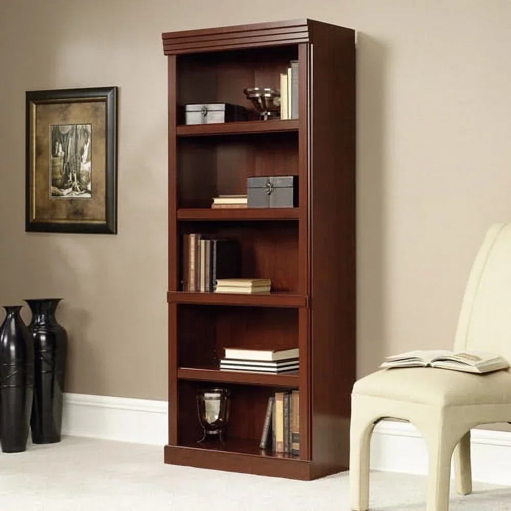 Premium solid wood bookcase in cherry finish with five adjustable shelves for home library