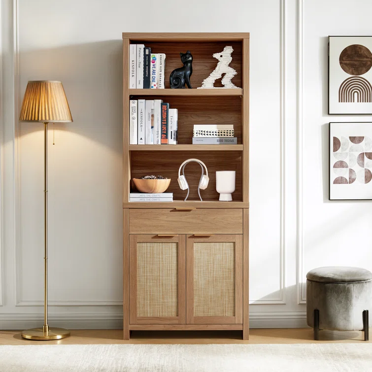 Contemporary real wood bookcase with clean lines and five shelves against brick wall