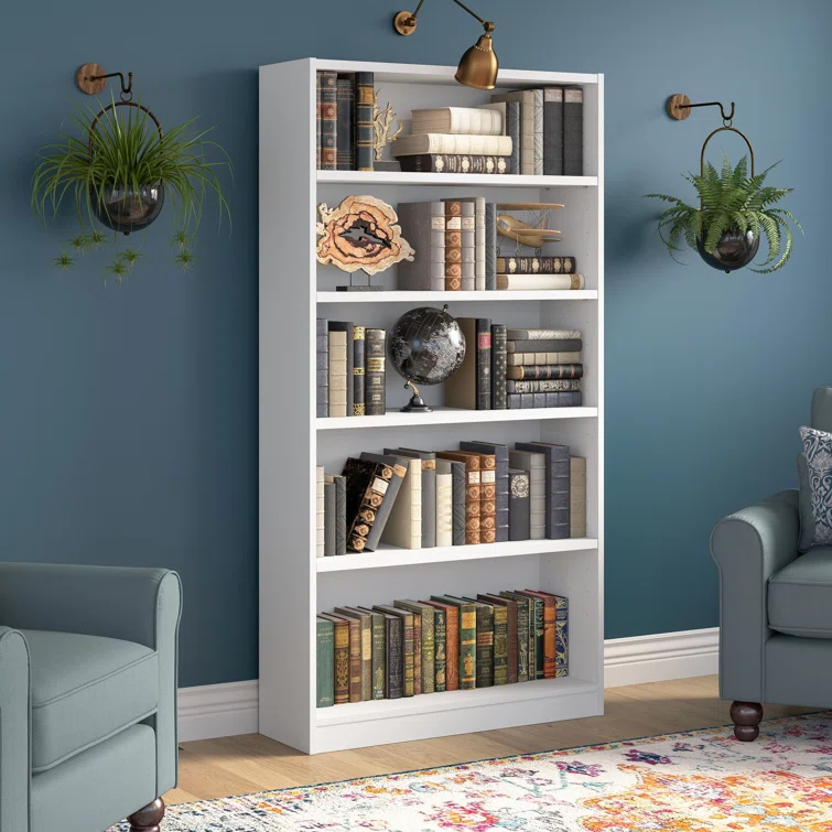 Farmhouse style real wood bookcase with X-frame design and five open shelves for books